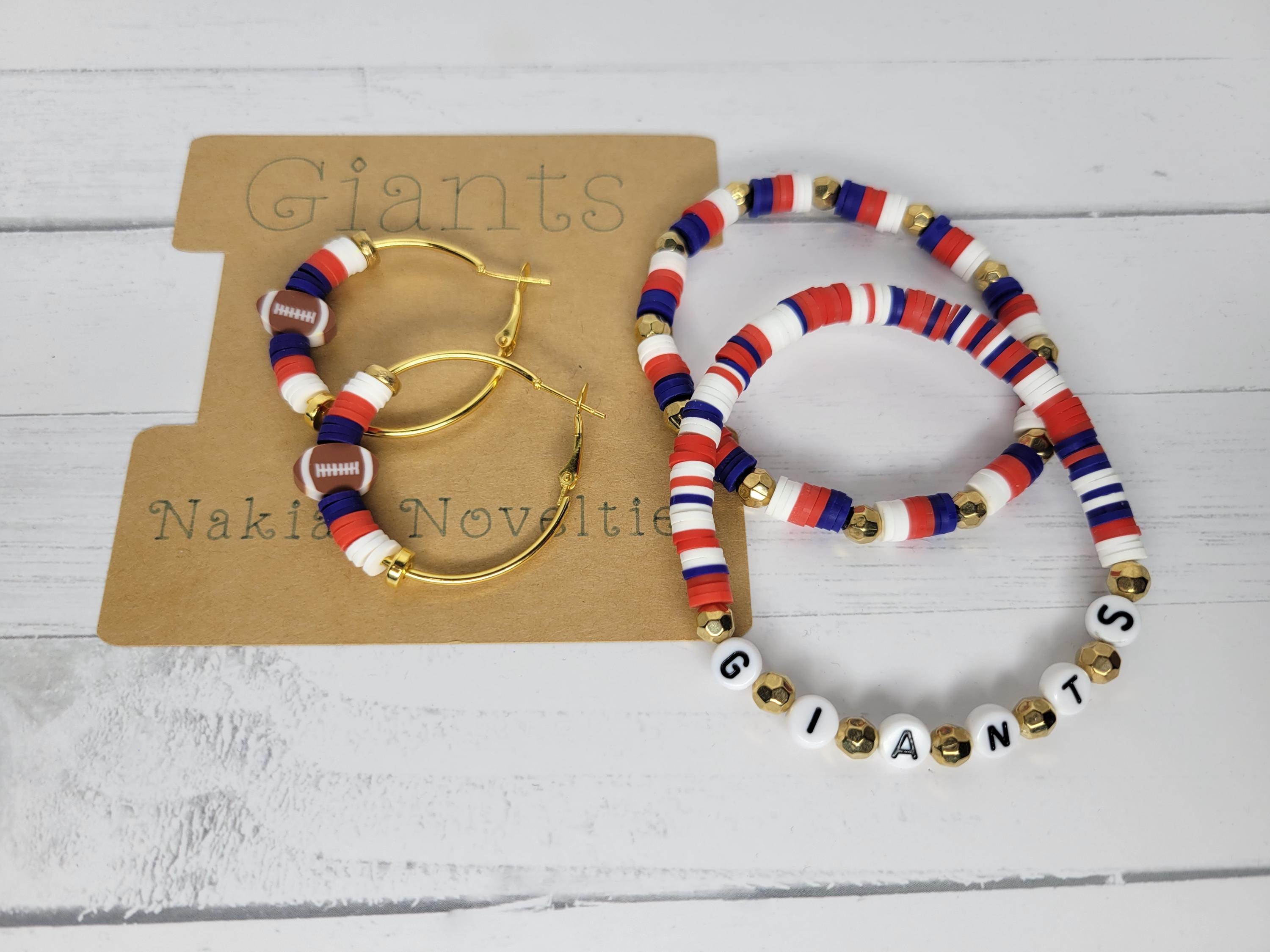 Giants Inspired Clay Bead Bracelets Earrings Set New York Football Team Spirit