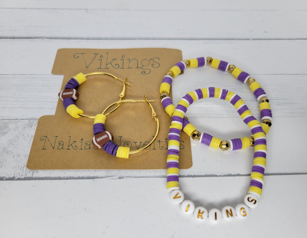 Vikings Inspired  Football  Clay Bracelet and Earrings Minnesota Team Spirit  Game Day Jewelry