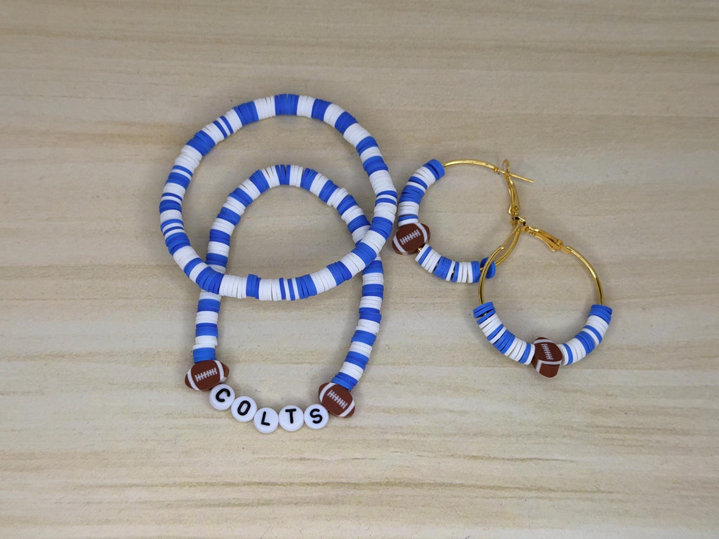 Colts Inspired Clay Bead and Earrings Set Denver Team Spirit Jewelry Game Day