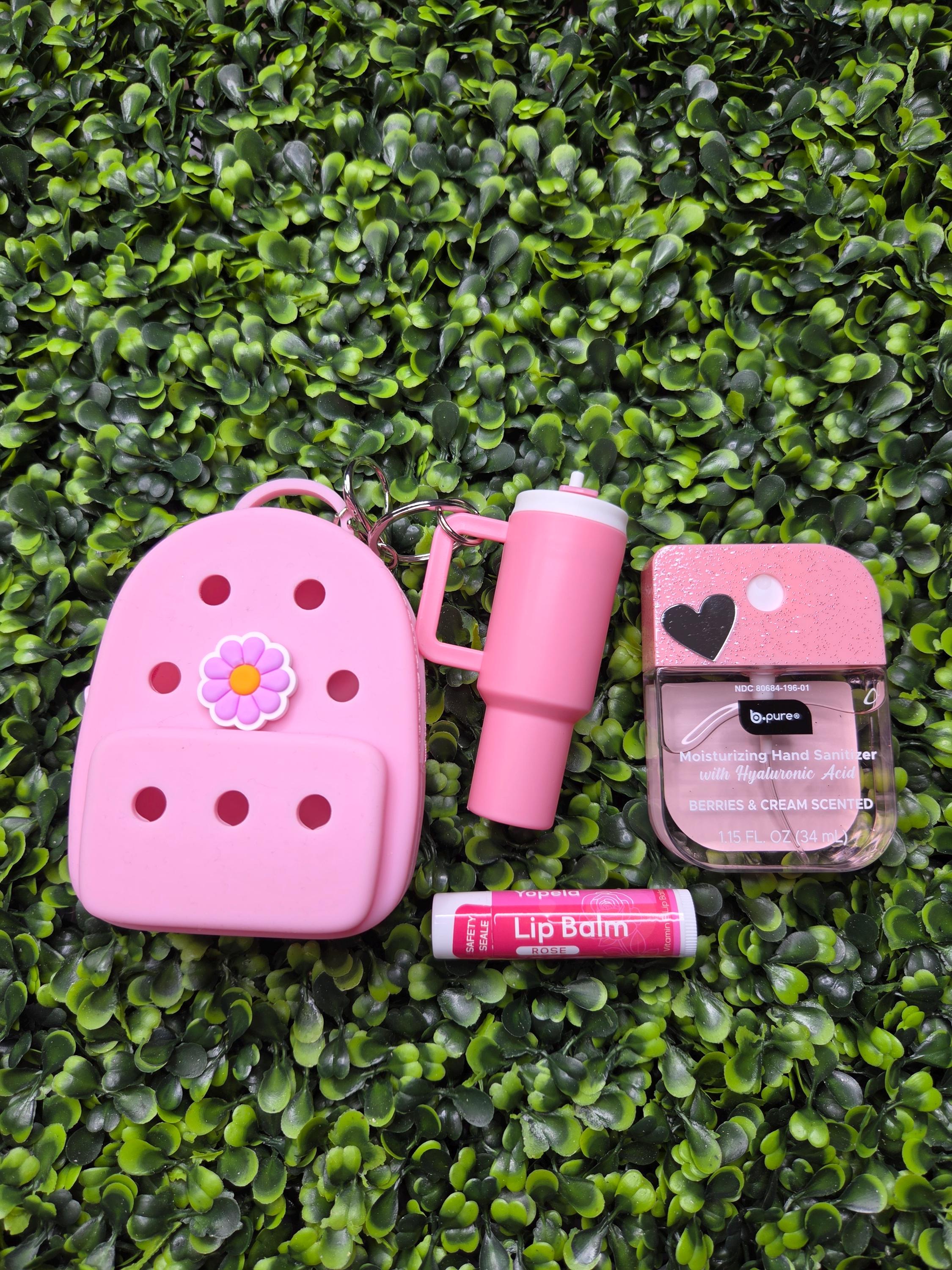 Mini Backpack Pouch and Tumbler Keychain Set: Pink, Purple, Teal, Navy Bag Charms