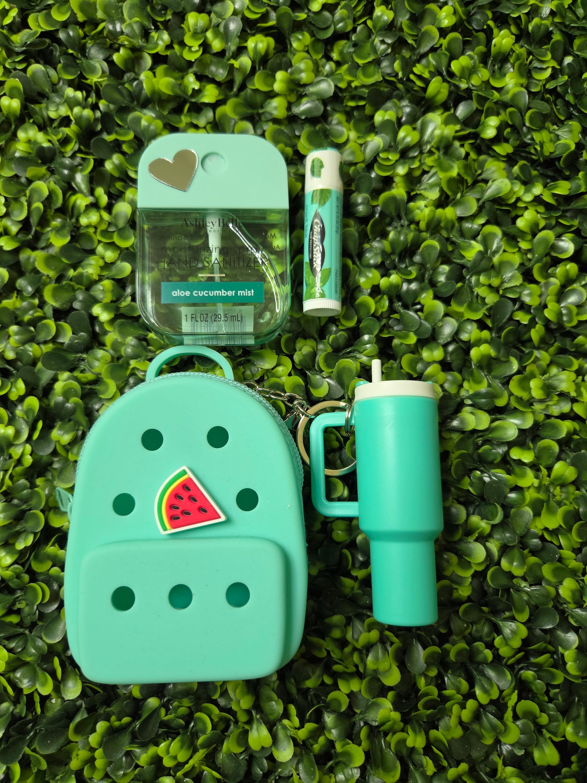 Mini Backpack Pouch and Tumbler Keychain Set: Pink, Purple, Teal, Navy Bag Charms