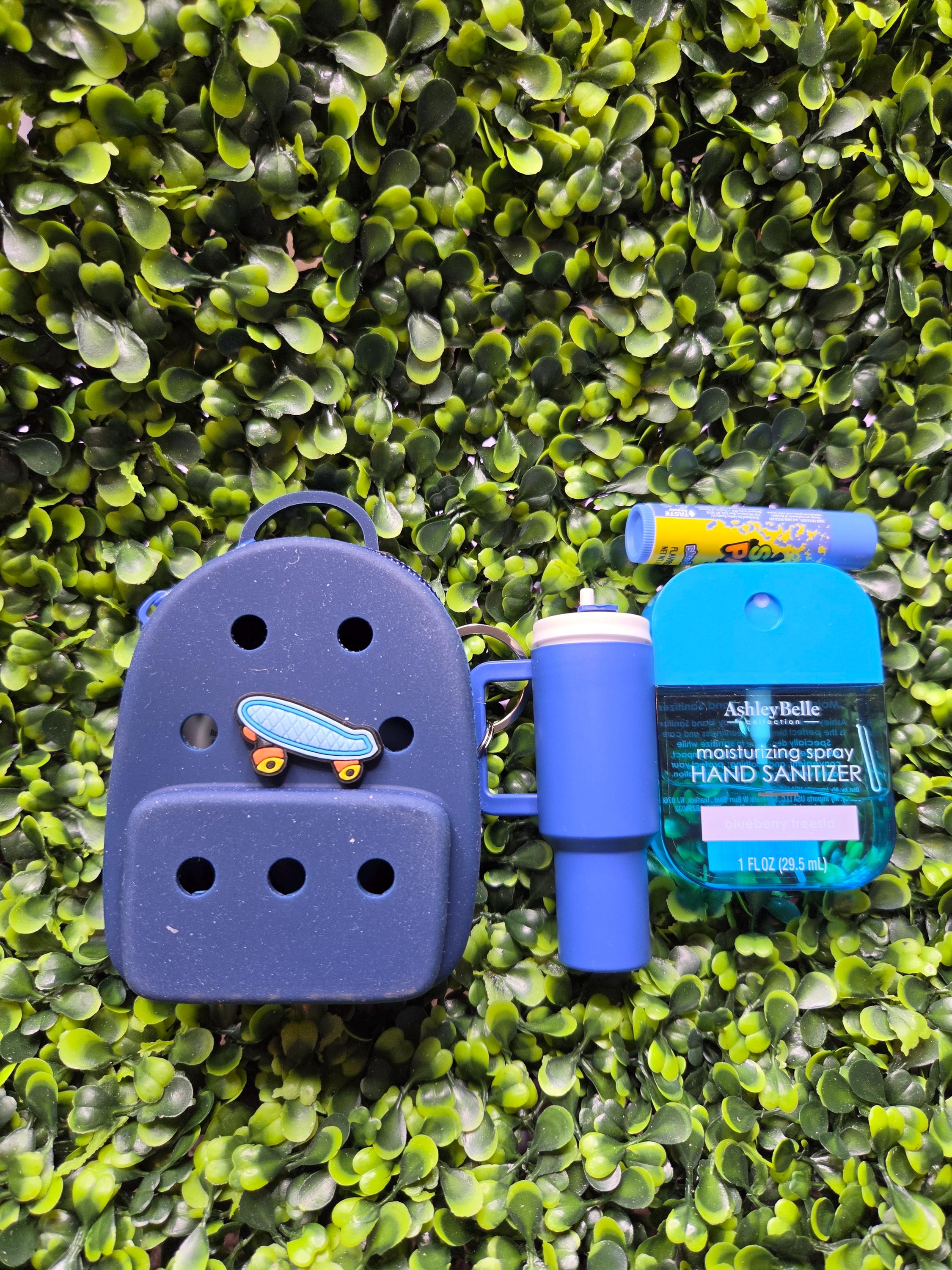 Mini Backpack Pouch and Tumbler Keychain Set: Pink, Purple, Teal, Navy Bag Charms