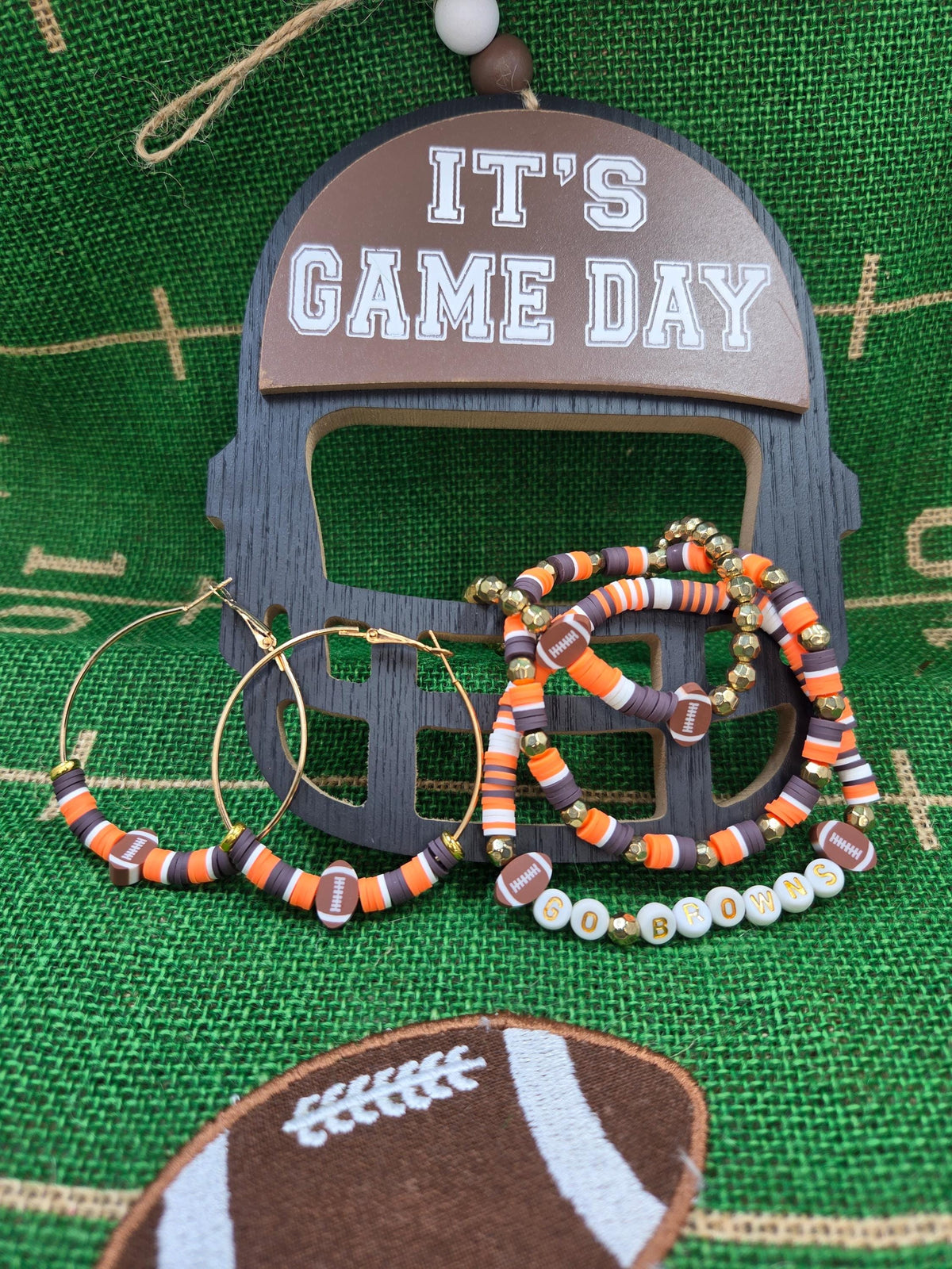 Browns Inspired Clay Bead and Earrings Set Cleveland Team Spirit Jewelry Game Day